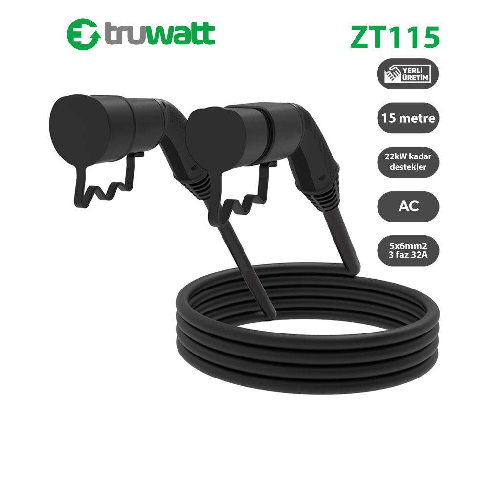 Truwatt ZT115 Type-2 22kW EV Şarj Kablosu (15 m) Truwatt ZT115 Type-2 elektrikli araç şarj kablosu 22kW 15 metre