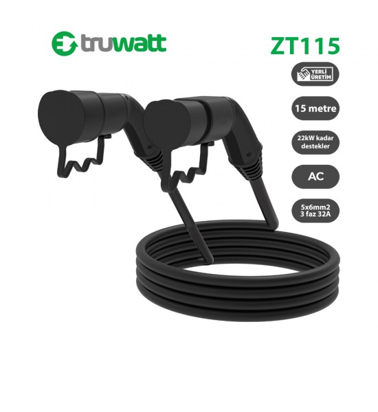 Truwatt ZT115 Elektrikli Araç Şarj kablosu Type-2 32A/22kW/380V (15 metre)