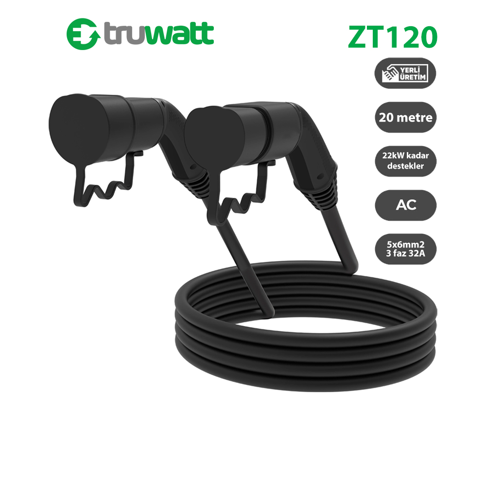 Truwatt ZT120 Type-2 elektrikli araç şarj kablosu 22kW 20 metre