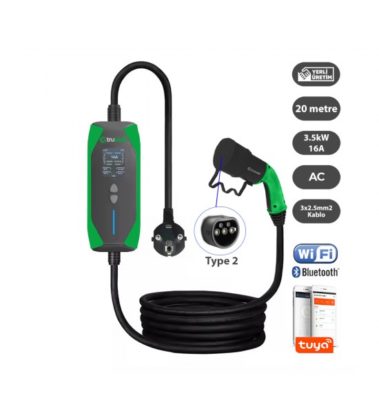 Truwatt ZT220 Taşınabilir Elektrikli Araç Şarj Cihazı 16A/3.5kW/220V (20 metre)