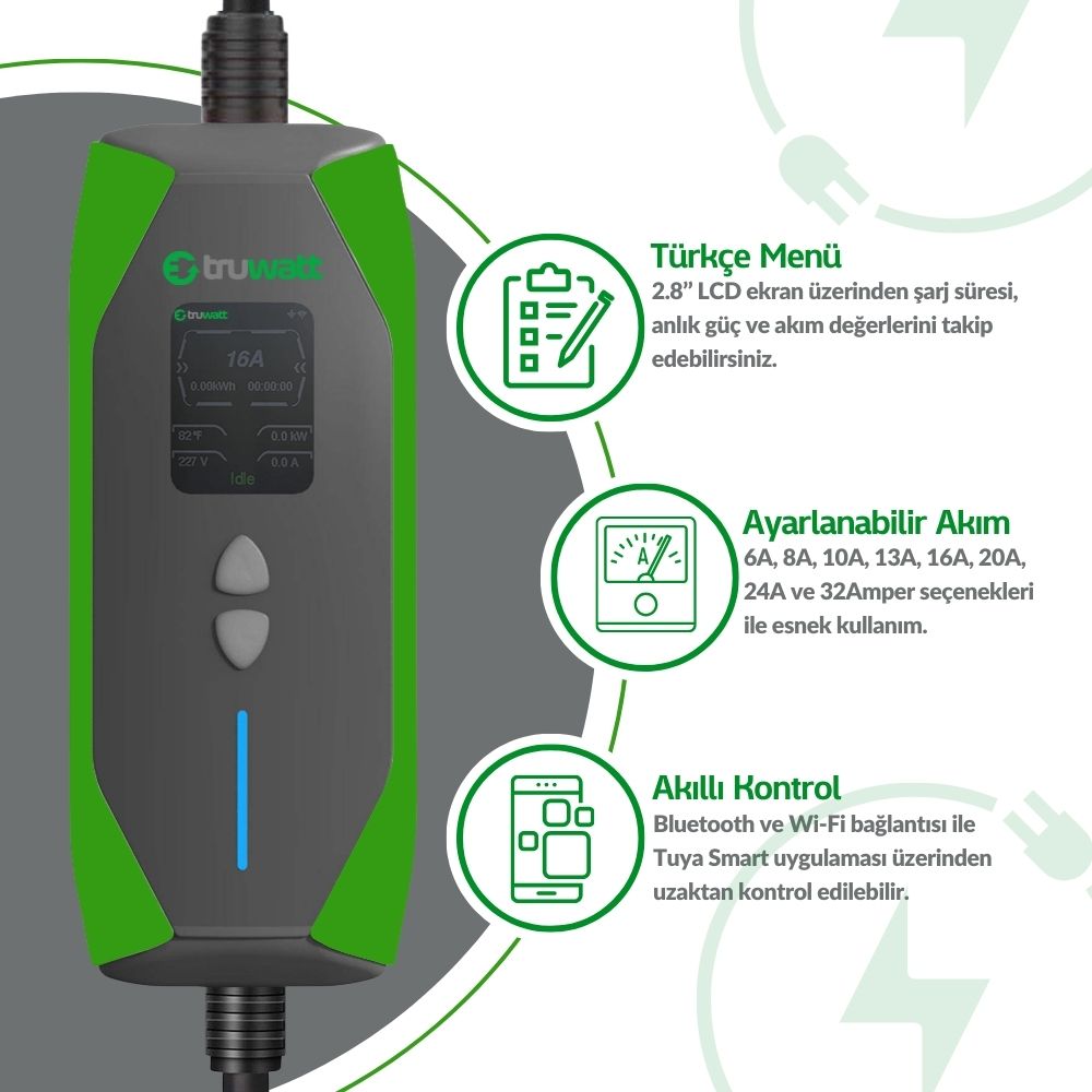 Truwatt ZT320 Taşınabilir Elektrikli Araç Şarj Cihazı 32A/7kW/220V (20 metre)