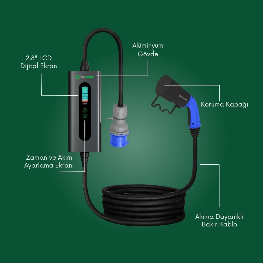 Truwatt ZTA305 Taşınabilir Elektrikli Şarj Cihazı 32A/7kW/220V (5 metre)