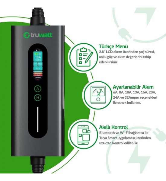 Truwatt ZTA315 Taşınabilir Elektrikli Araç Şarj İstasyonu 32A/7kW/220V (15 metre)