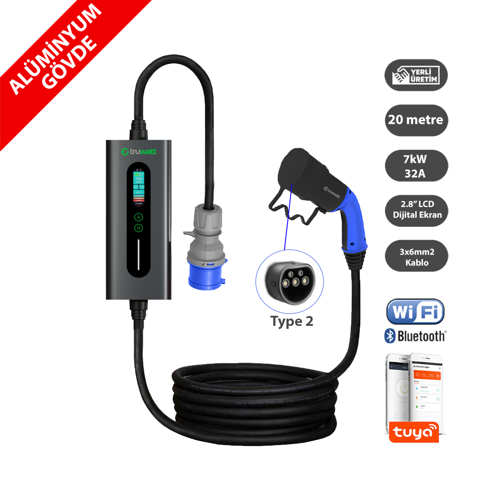 Truwatt ZTA320 Taşınabilir Elektrikli Şarj Cihazı 32A/7kW/220V (20 metre)
