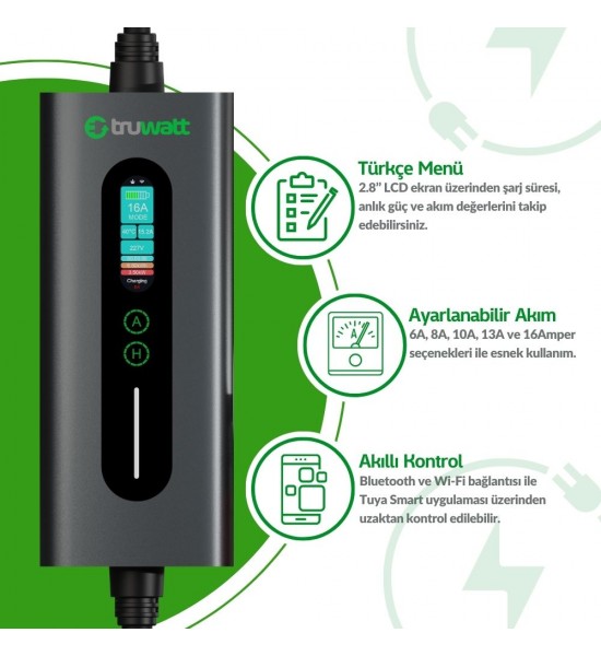 Truwatt ZTA403 Taşınabilir Elektrikli Araç Şarj Cihazı 16A/11kW/380V (3 metre) Truwatt ZTA403 Taşınabilir Elektrikli Araç Şarj Cihazı 16A/11kW/380V (3 metre)