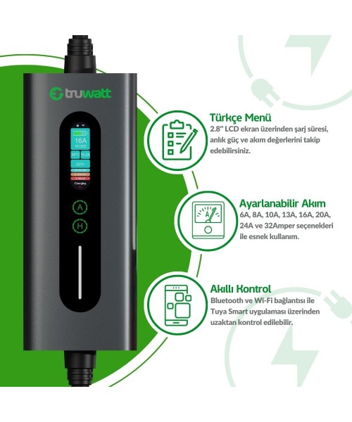Truwatt ZTA505 22kW Taşınabilir Elektrikli Araç Şarj Cihazı 32A/380V (5 metre)