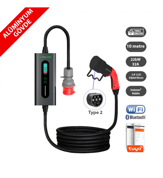 Truwatt ZTA510 Taşınabilir Elektrikli Araç Şarj Cihazı 32A/22kW/380V (10 metre)