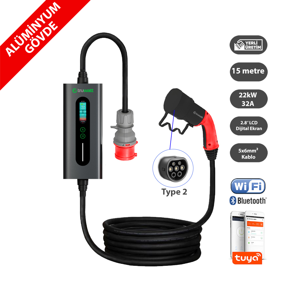 Truwatt ZTA515 Taşınabilir Elektrikli Araç Şarj Cihazı 32A/22kW/380V (15 metre)