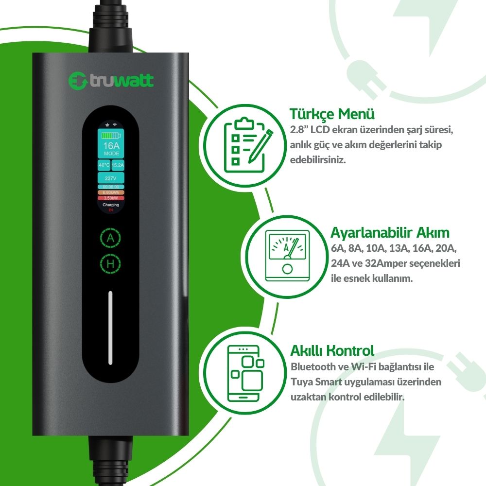 Truwatt ZTA520 Taşınabilir Elektrikli Araç Şarj Cihazı 32A/22kW/380V (20 metre)