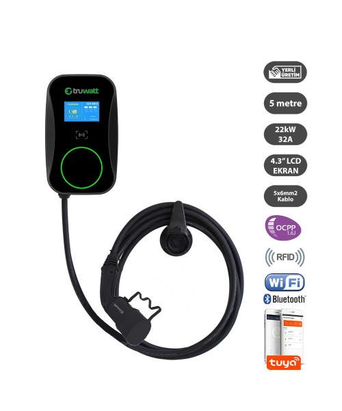 Truwatt ZTD605 Duvar Tipi Elektrikli Araç Şarj Cihazı 32A/22kW/380V (5 metre)