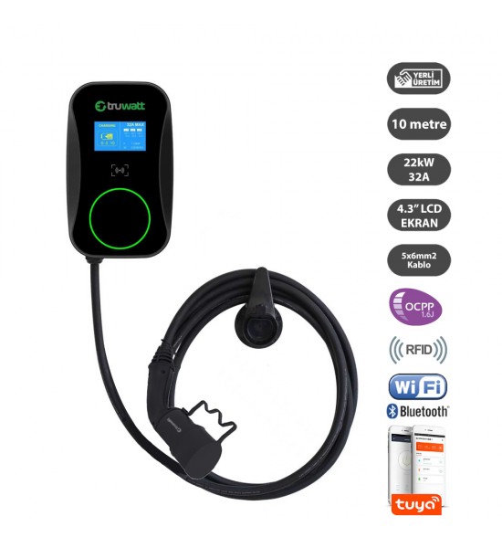 Truwatt ZTD610 Duvar Tipi Elektrikli Araç Şarj Cihazı 32A/22kW/380V (10 metre)