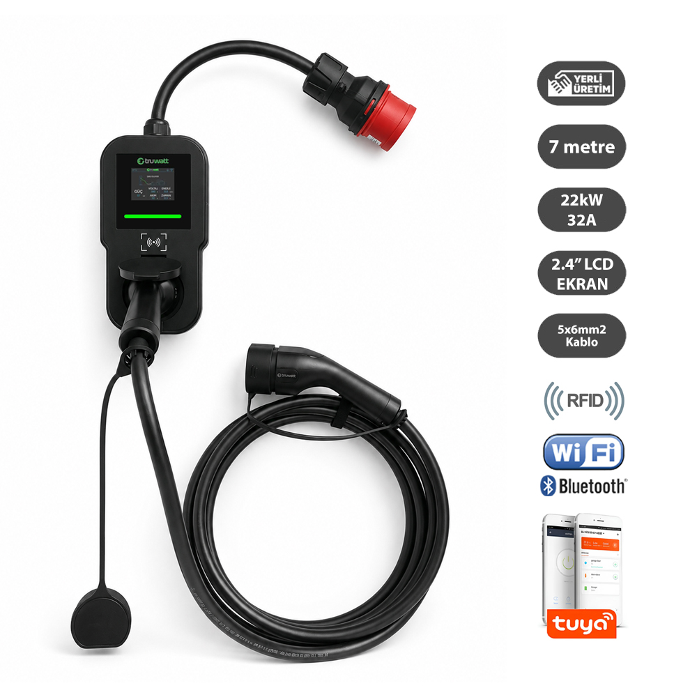 Truwatt ZTV507 22kW taşınabilir wallbox elektrikli araç şarj cihazı 7 metre Type 2 kablo