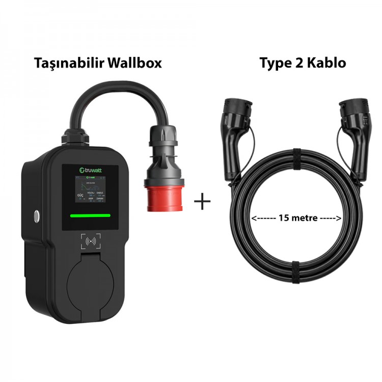 Truwatt ZTV515 22kW Taşınabilir Wallbox Elektrikli Araç Şarj Cihazı 32A/380V (15 metre)