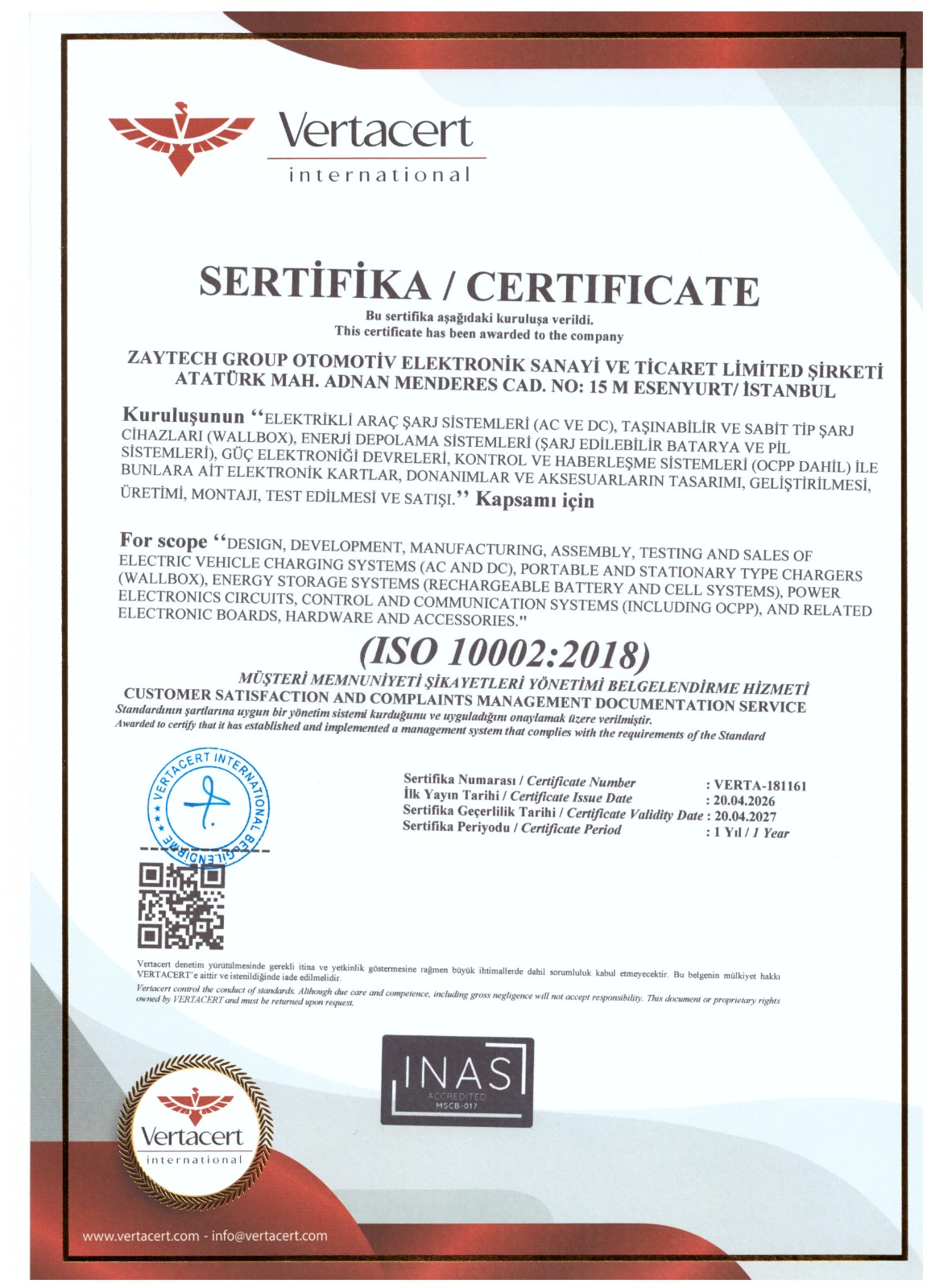 Zaytech Group Truwatt ISO 10002:2018 Müşteri Memnuniyeti ve Şikayet Yönetimi Sertifikası