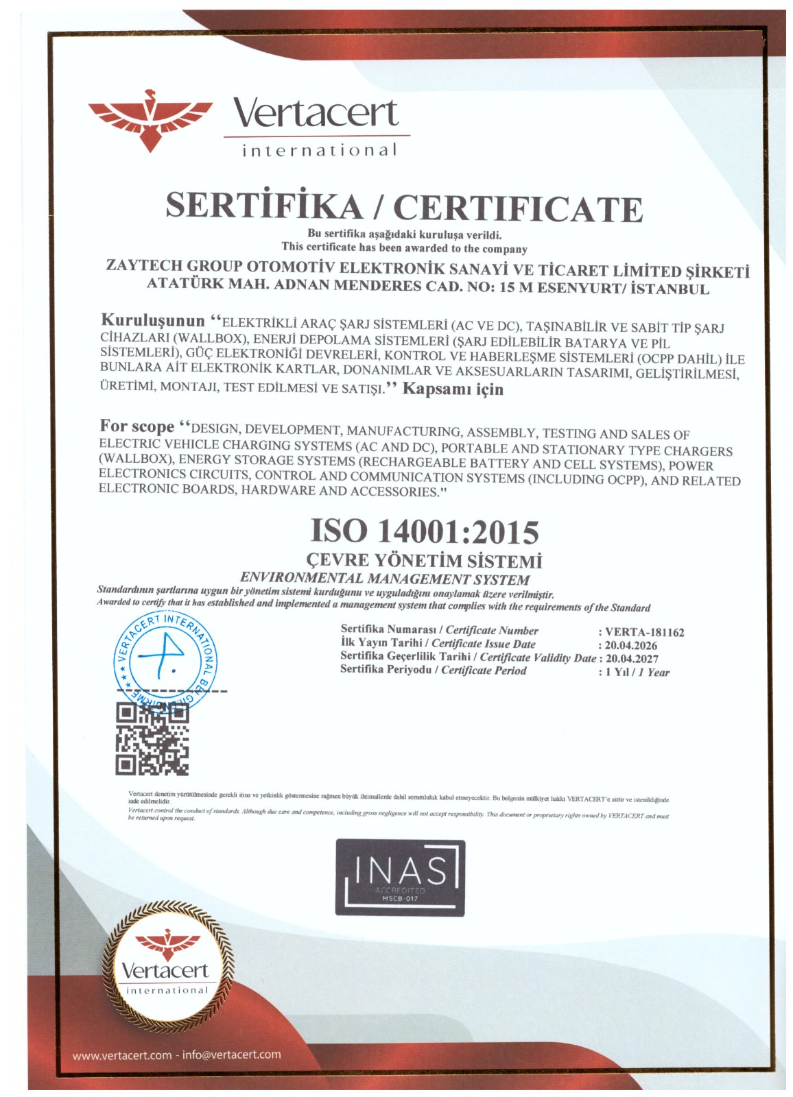 Zaytech Group Truwatt ISO 14001:2015 Çevre Yönetim Sistemi Sertifikası