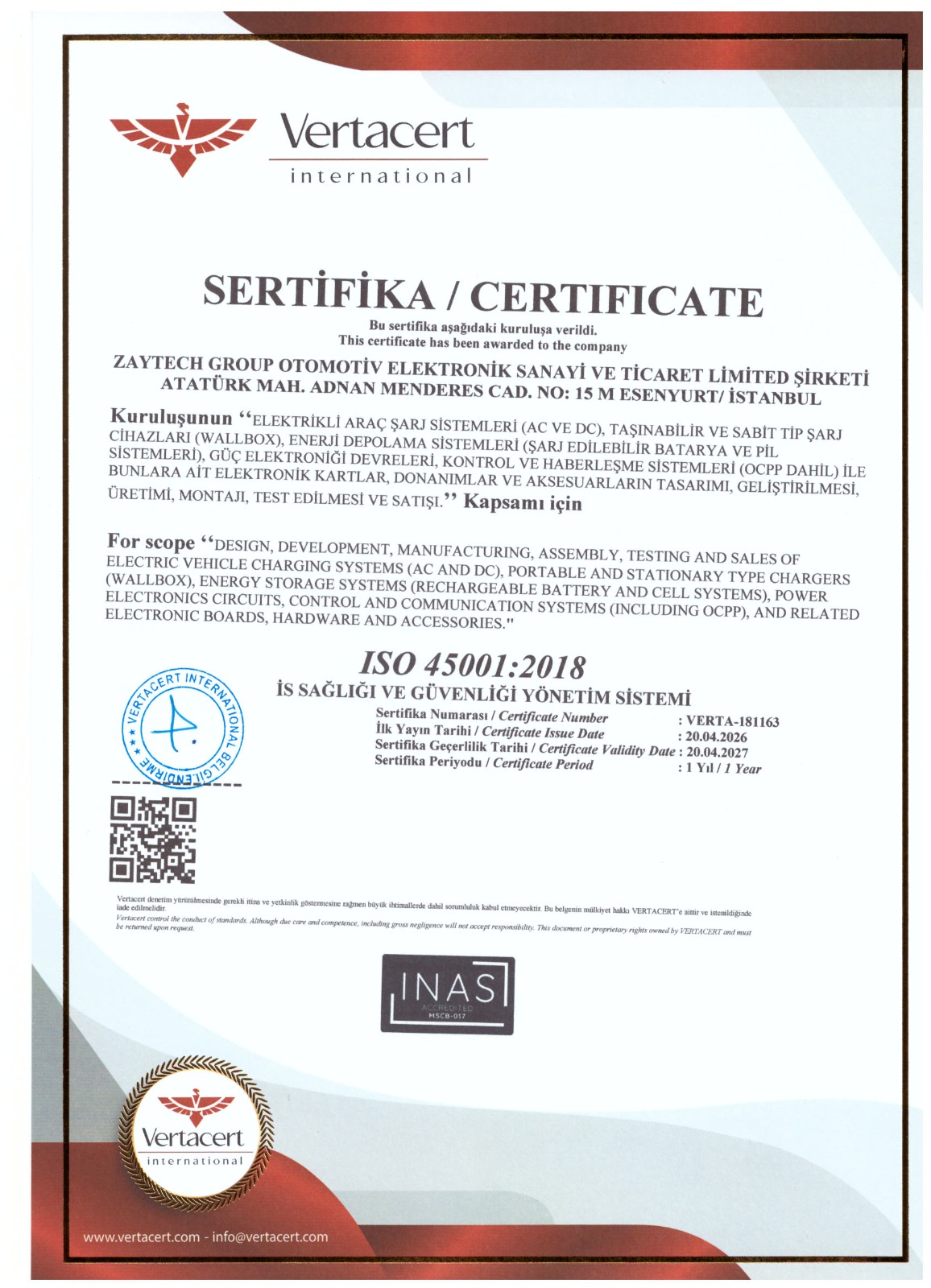 Zaytech Group Truwatt ISO 45001:2018 İş Sağlığı ve Güvenliği Yönetim Sistemi Sertifikası