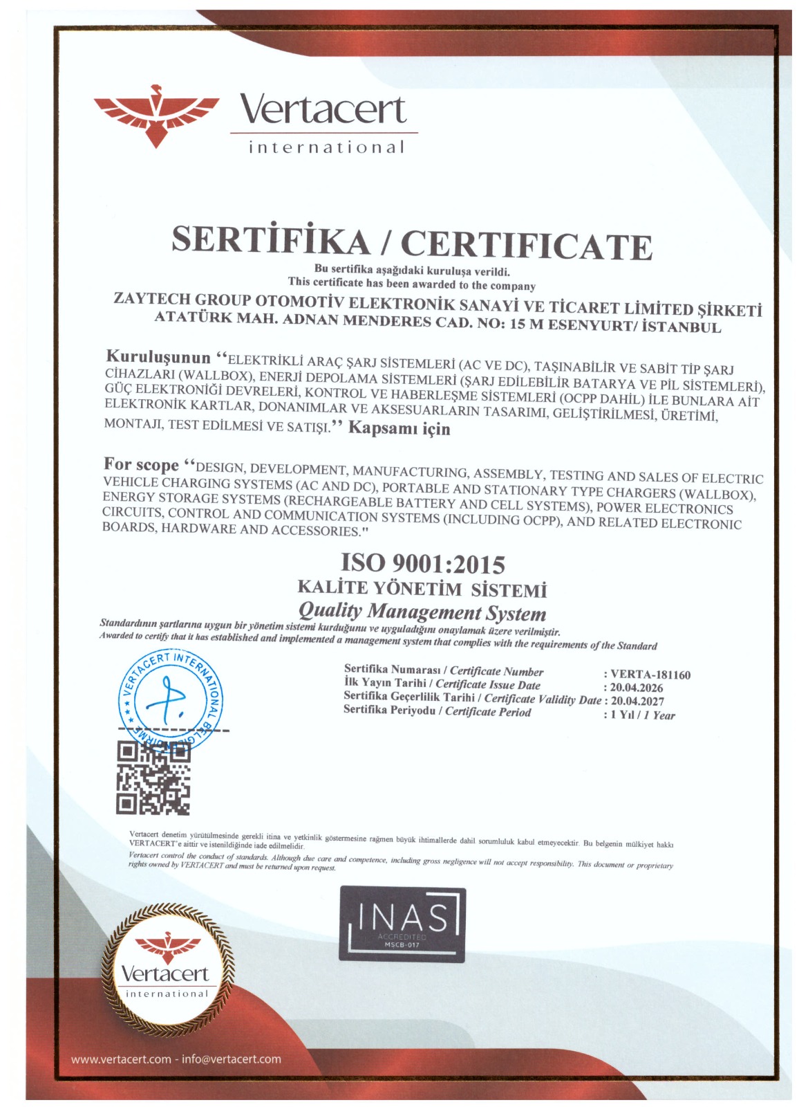 Zaytech Group Truwatt ISO 9001:2015 Kalite Yönetim Sistemi Sertifikası